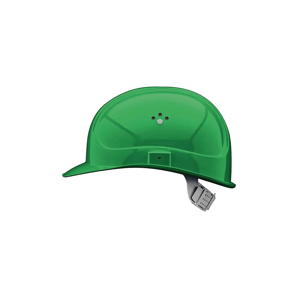 Un casque de chantier vert, en plastique avec une jugulaire.