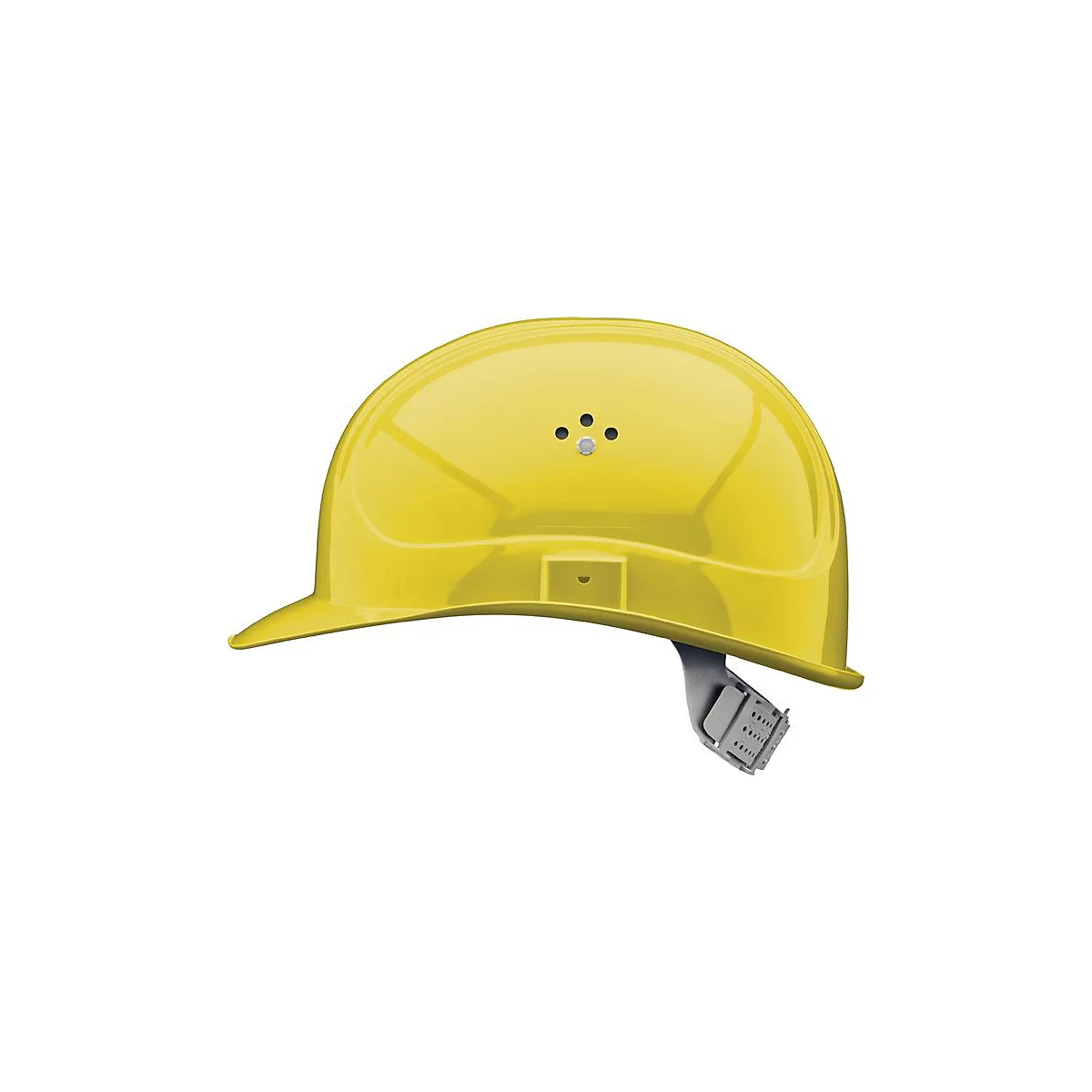 Casque de sécurité jaune avec jugulaire, vue détaillée. Trois trous de ventilation, logo du fabricant sur la jugulaire.