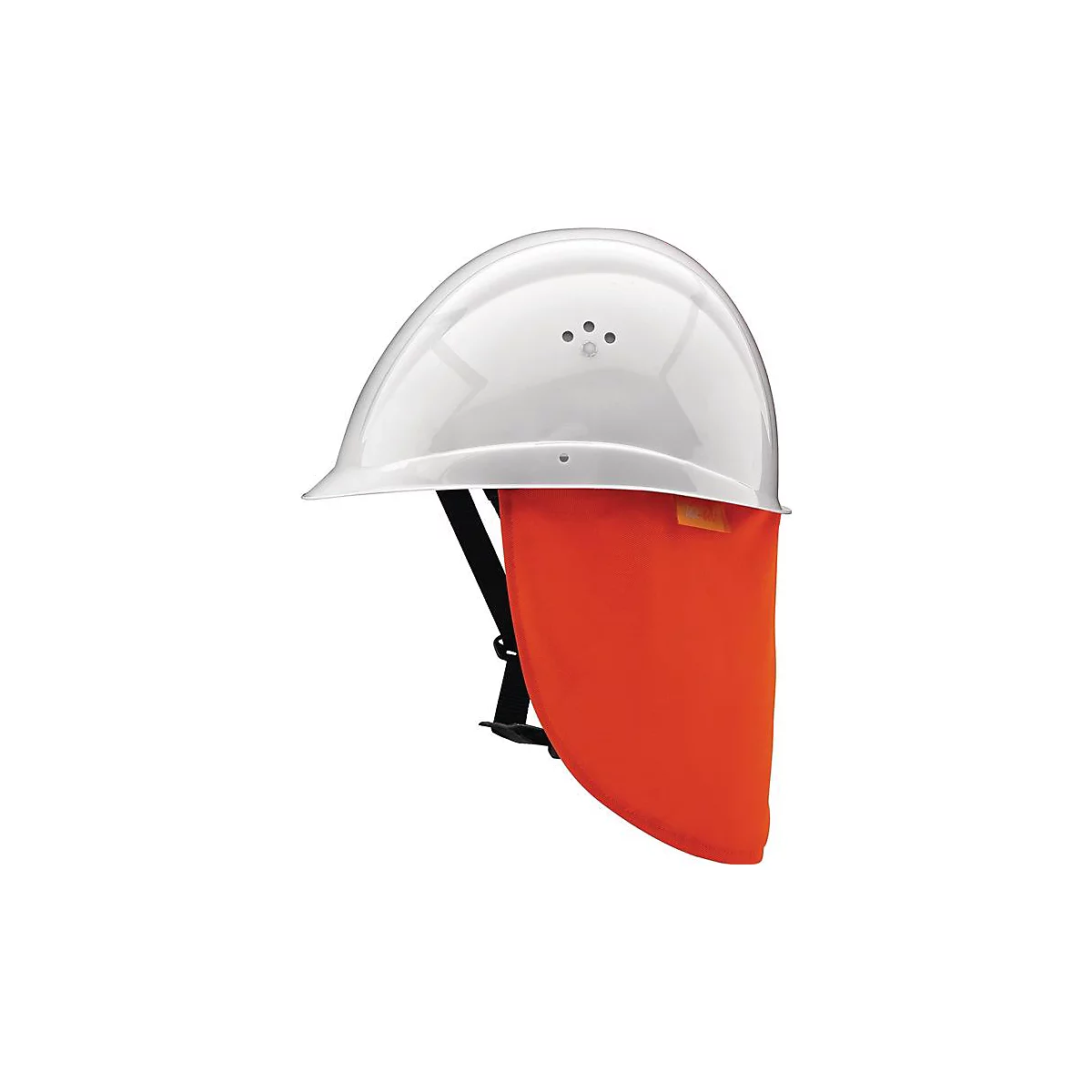 Casque de sécurité blanc avec écran facial orange, sangle noire. Pour les travailleurs du bâtiment.