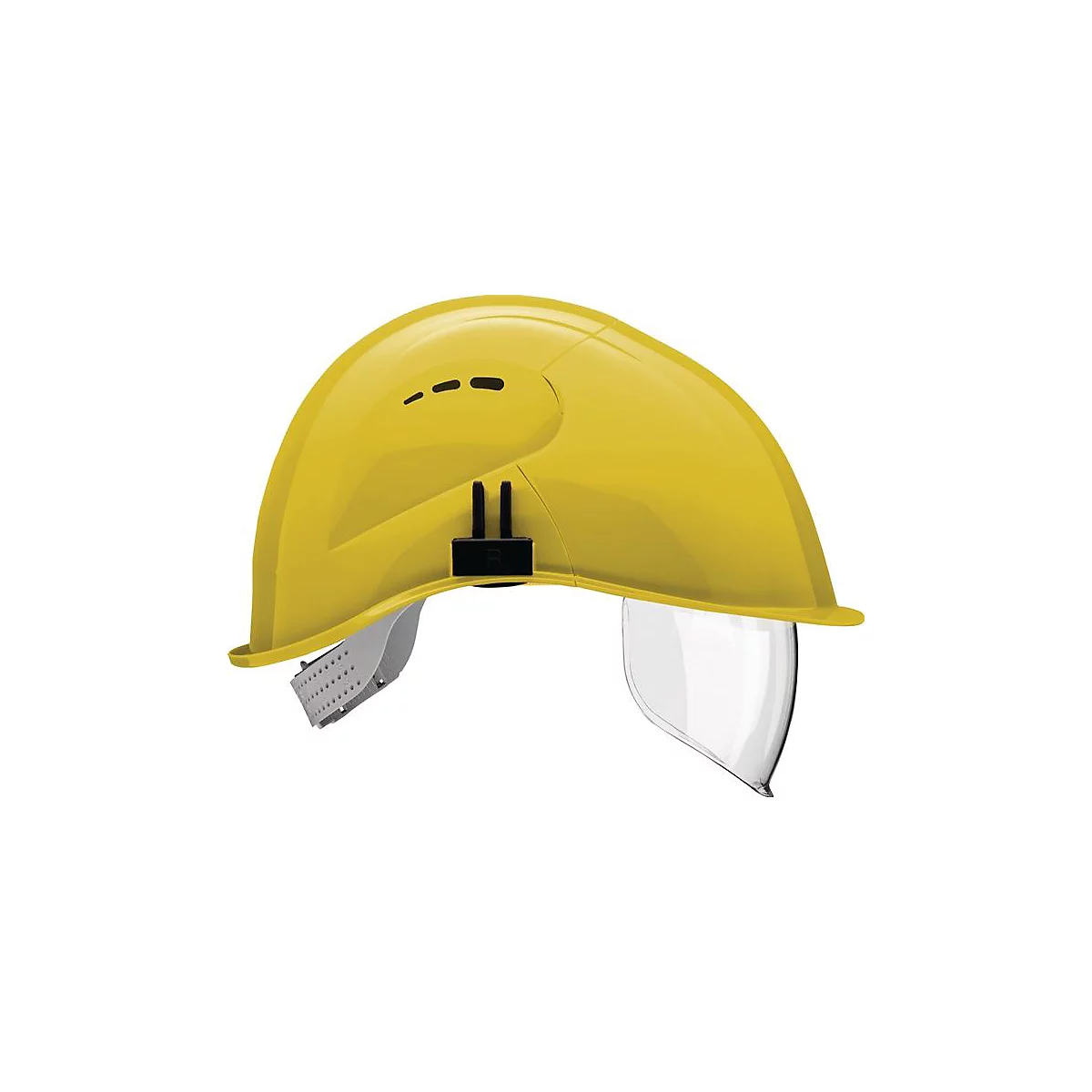 VOSS Schutzhelm VisorLight, Polyethylen, schwefelgelb, EN 397, integriertes Visier EN 166, für Brillenträger, 6-Punkt-Gurtband