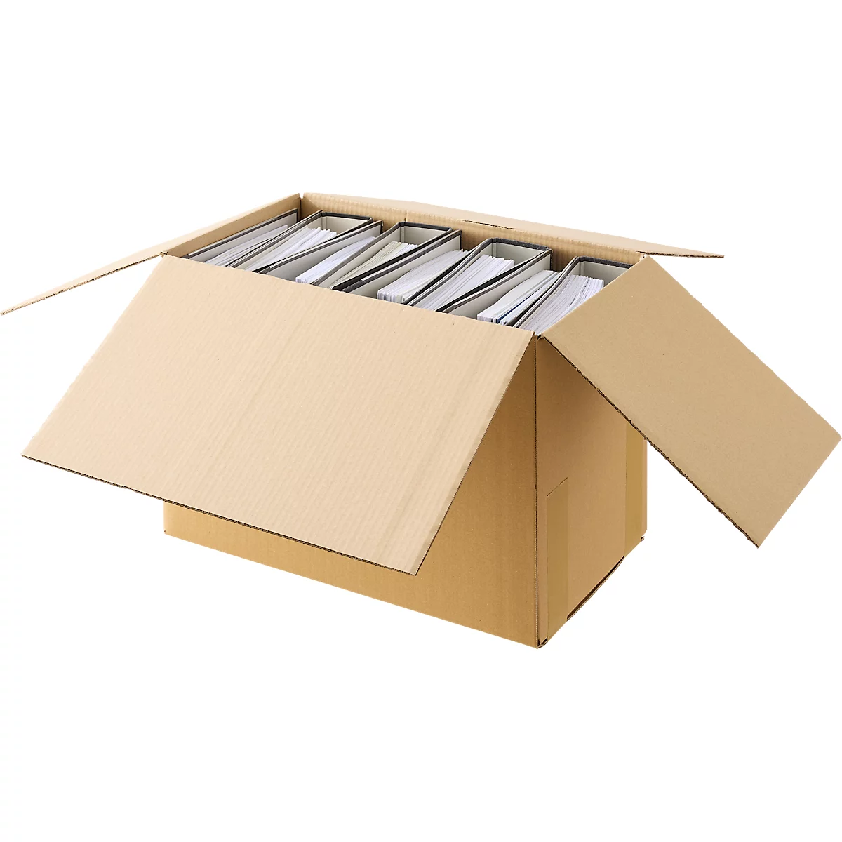 Open kartonnen doos met ordners. De mappen zijn gevuld met witte vellen en staan in de doos.