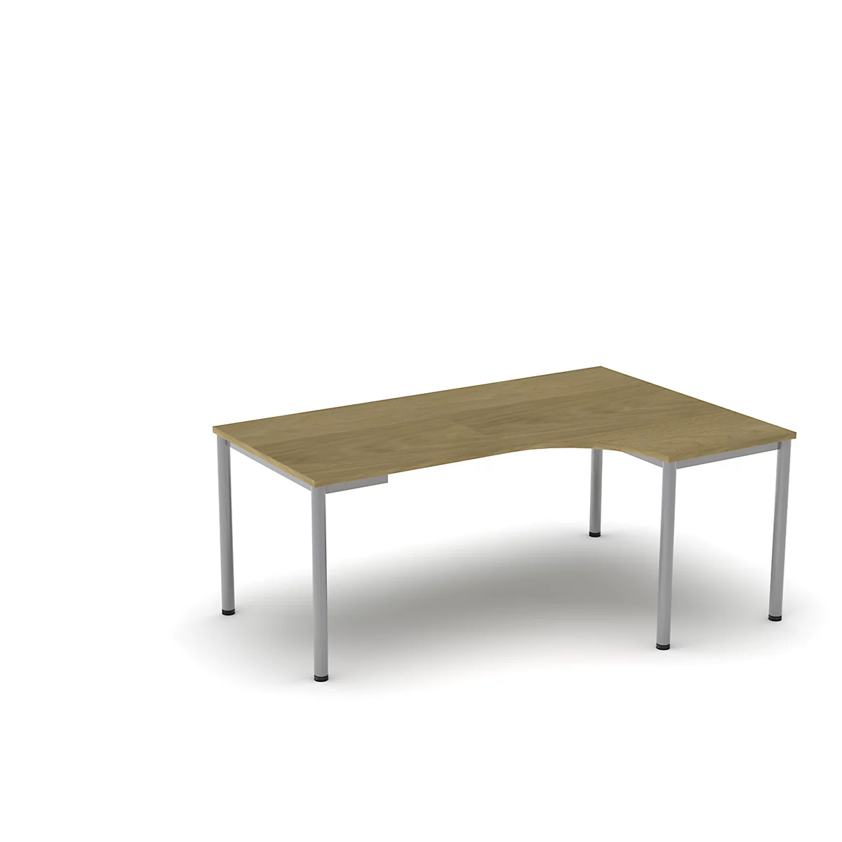 Een L-vormig houten bureau met zilveren poten. De tafel heeft een lichte houtnerf en staat tegen een witte achtergrond.
