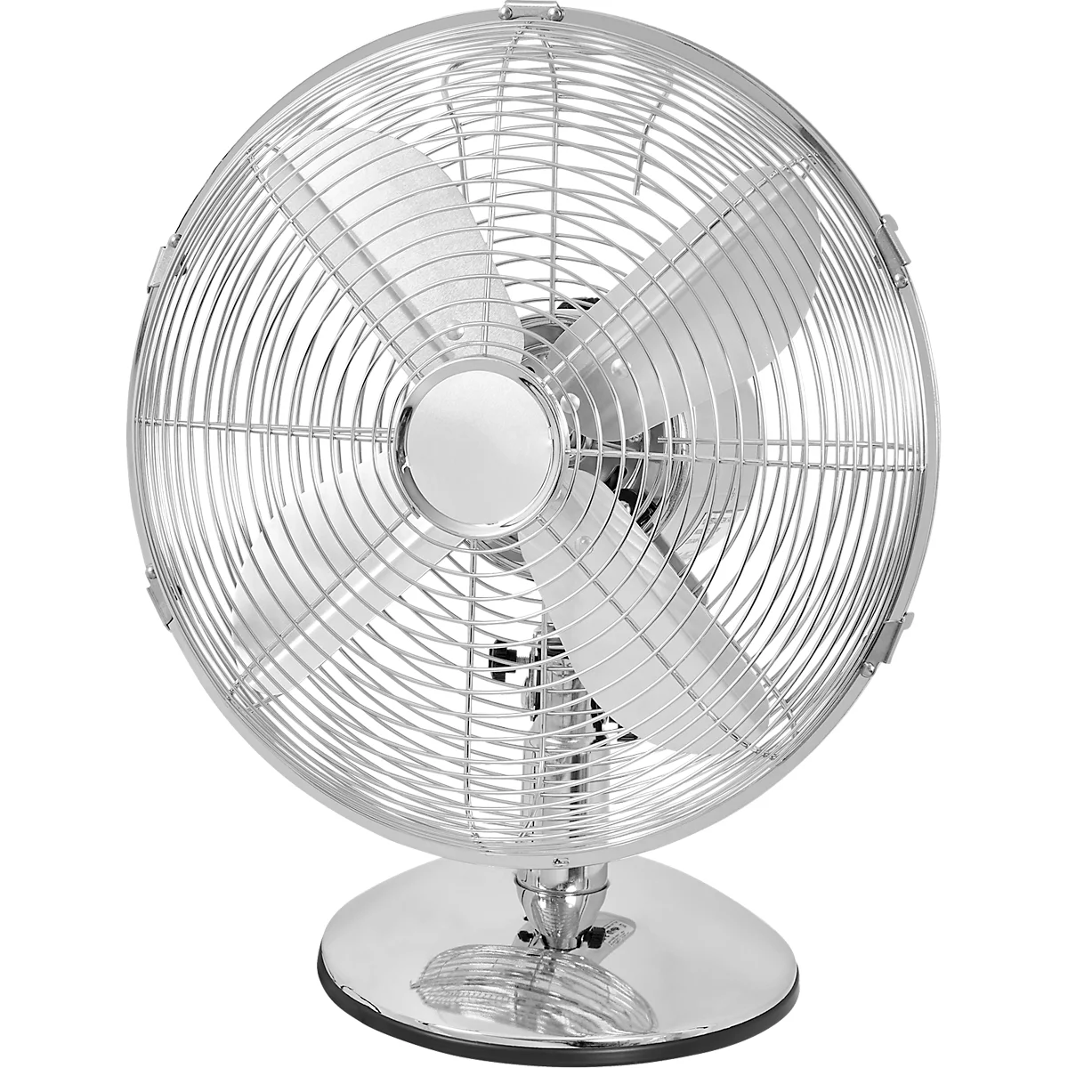 Verchroomde tafelventilator met drie bladen en beschermrooster.