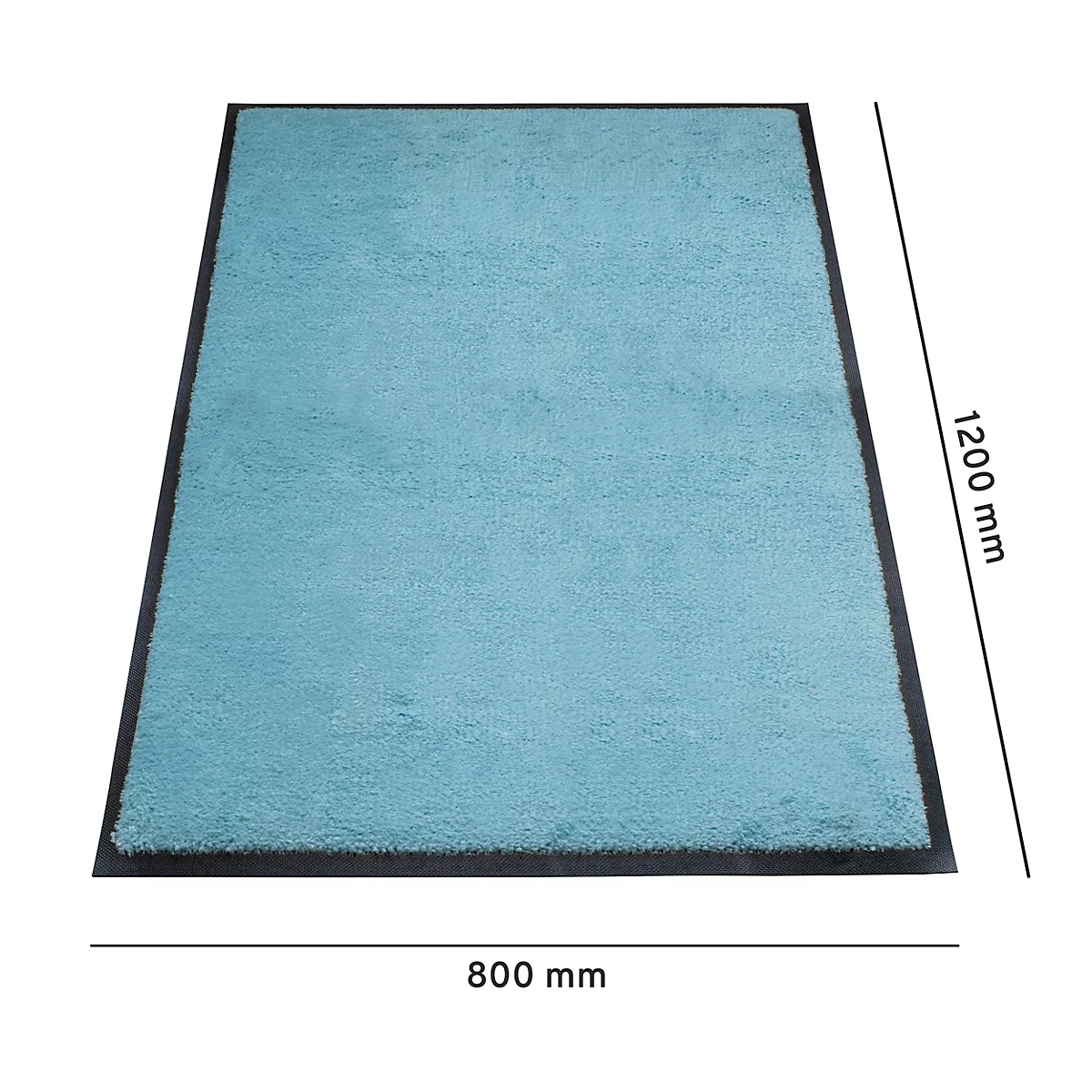 Lichtblau gekleurde deurmat met zwarte rand. Afmetingen: 1200 x 800 mm.