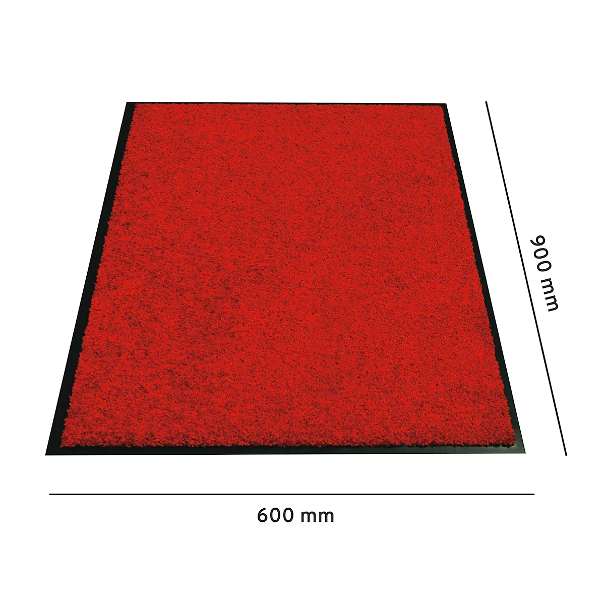 Rood tapijt met zwarte rand. Afmetingen: 600 mm x 900 mm.