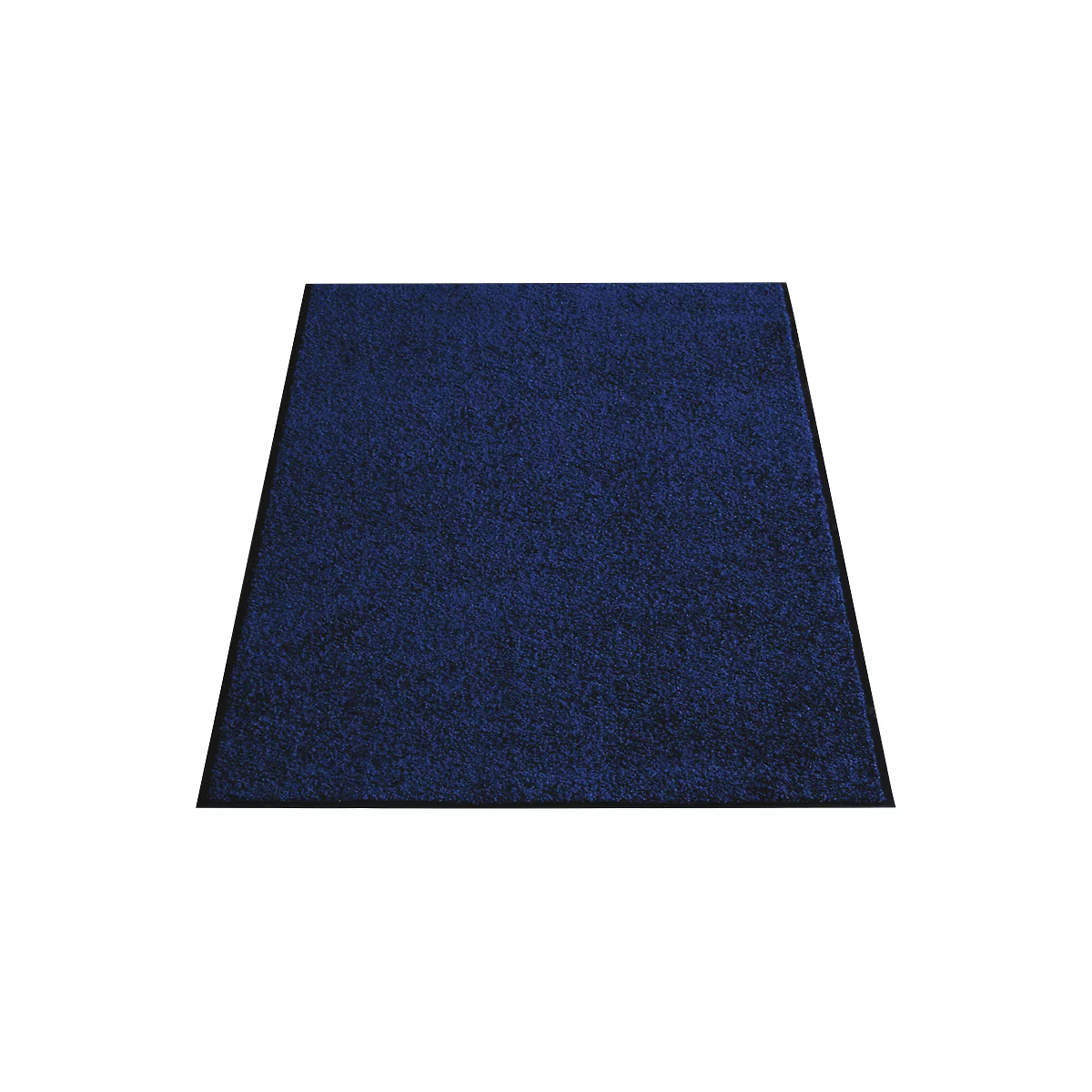 Blauw tapijt met zwarte rand. Rechthoekige vorm, zacht oppervlak.