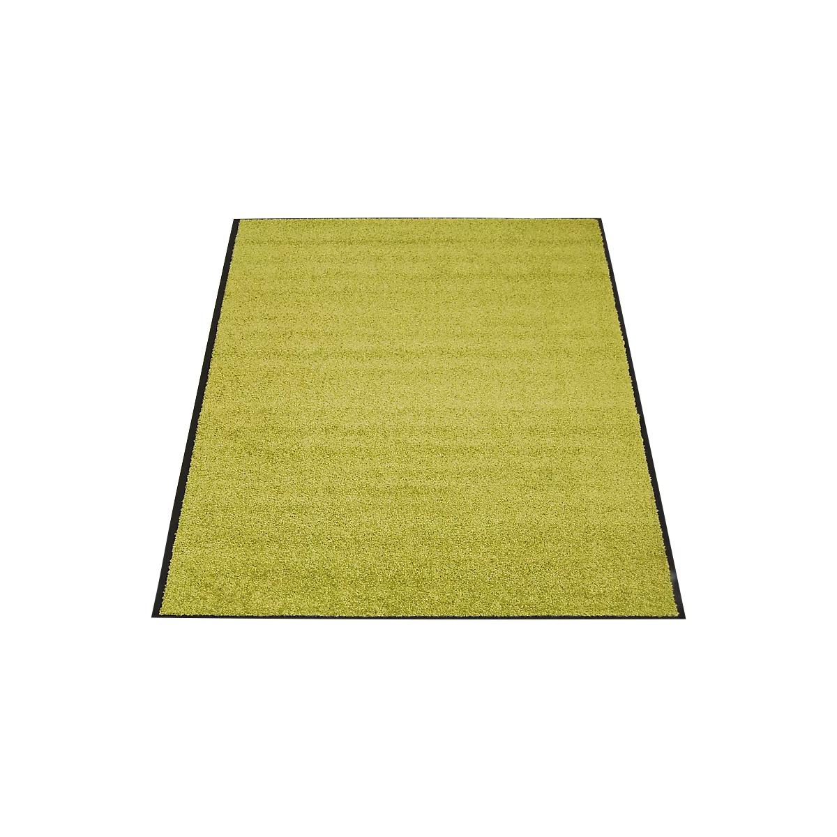 Lichtgroen tapijt met een zwarte rand, gezien van bovenaf.