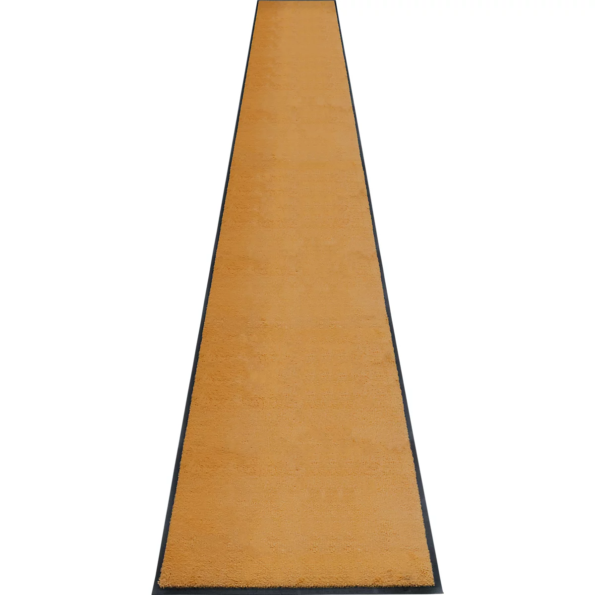 Smalle, langwerpige vloerkleed met een beige patroon en zwarte rand.