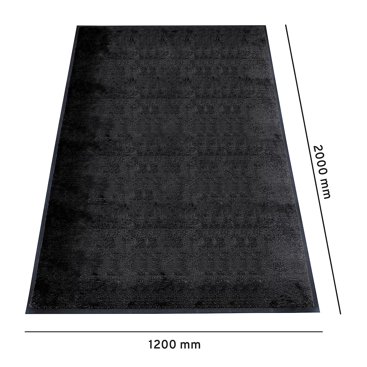 Een rechthoekig, zwart getextureerd tapijt, afmetingen 1200 x 2000 mm, op een witte achtergrond.