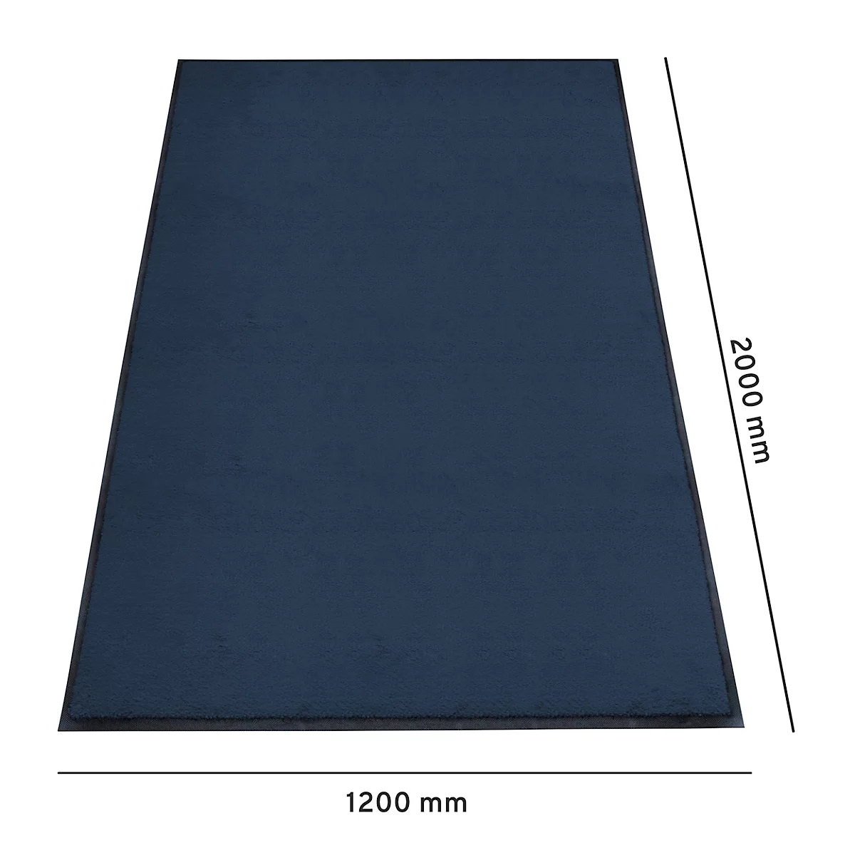 Donkerblauw tapijt, 1200x2000 mm. Zwarte rand, gestructureerd. Afmetingen worden aangegeven.
