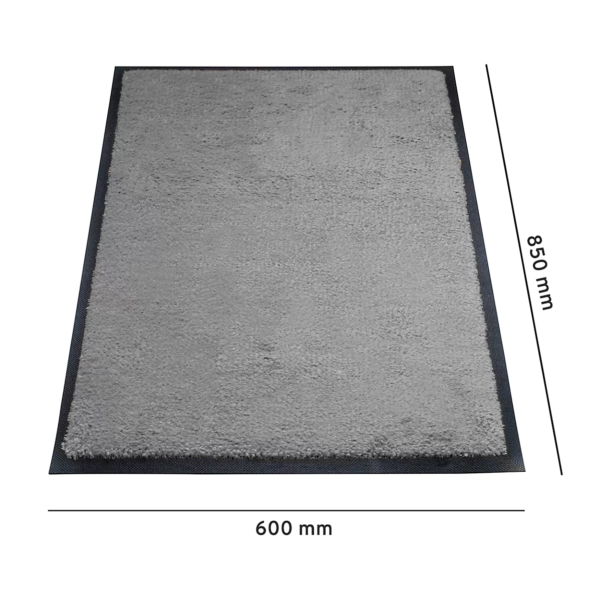 Lichtgrijze vloerkleed met donkergrijze rand, met afmetingen van 600 mm x 850 mm.