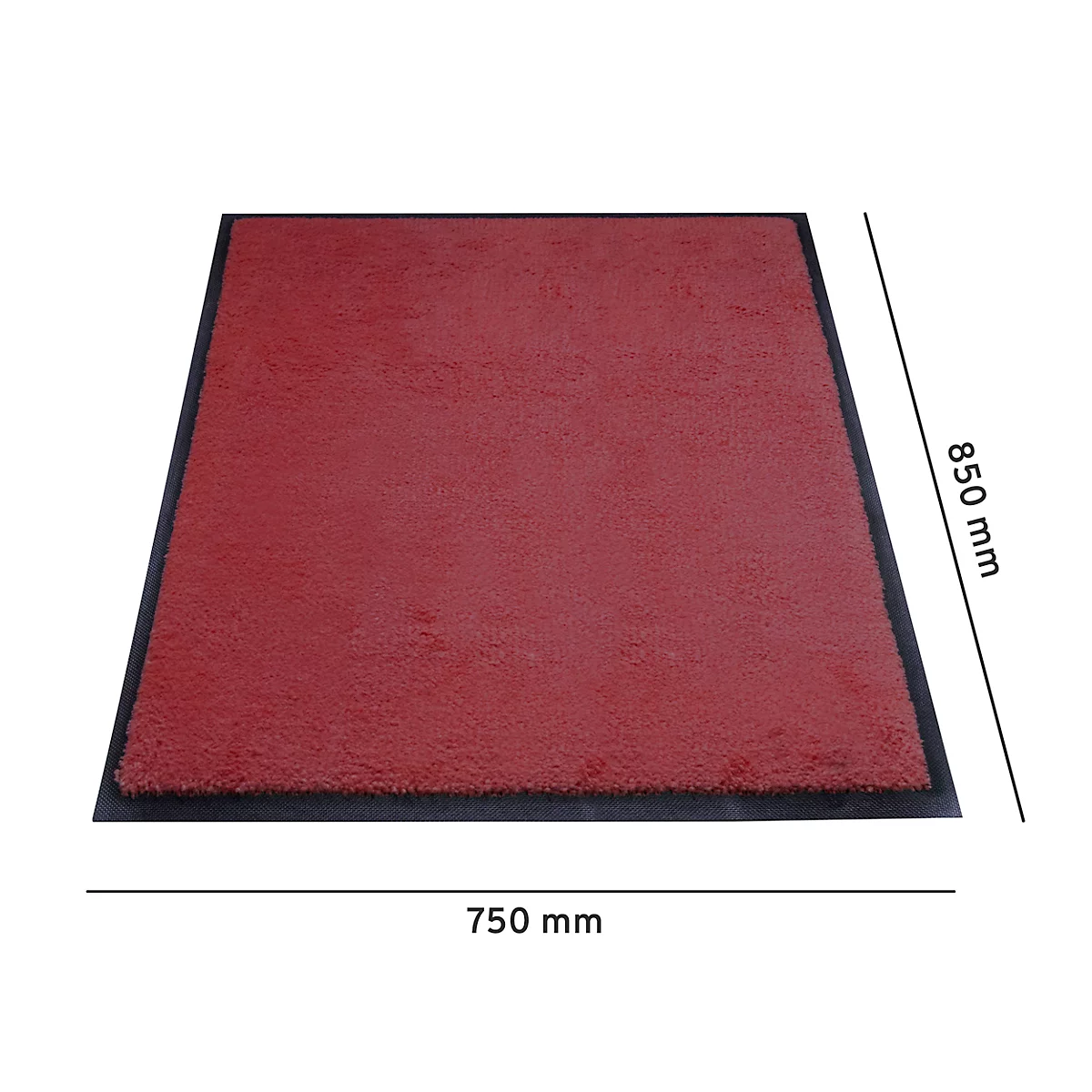 Rood tapijt met zwarte rand, afmetingen 750 x 850 mm.