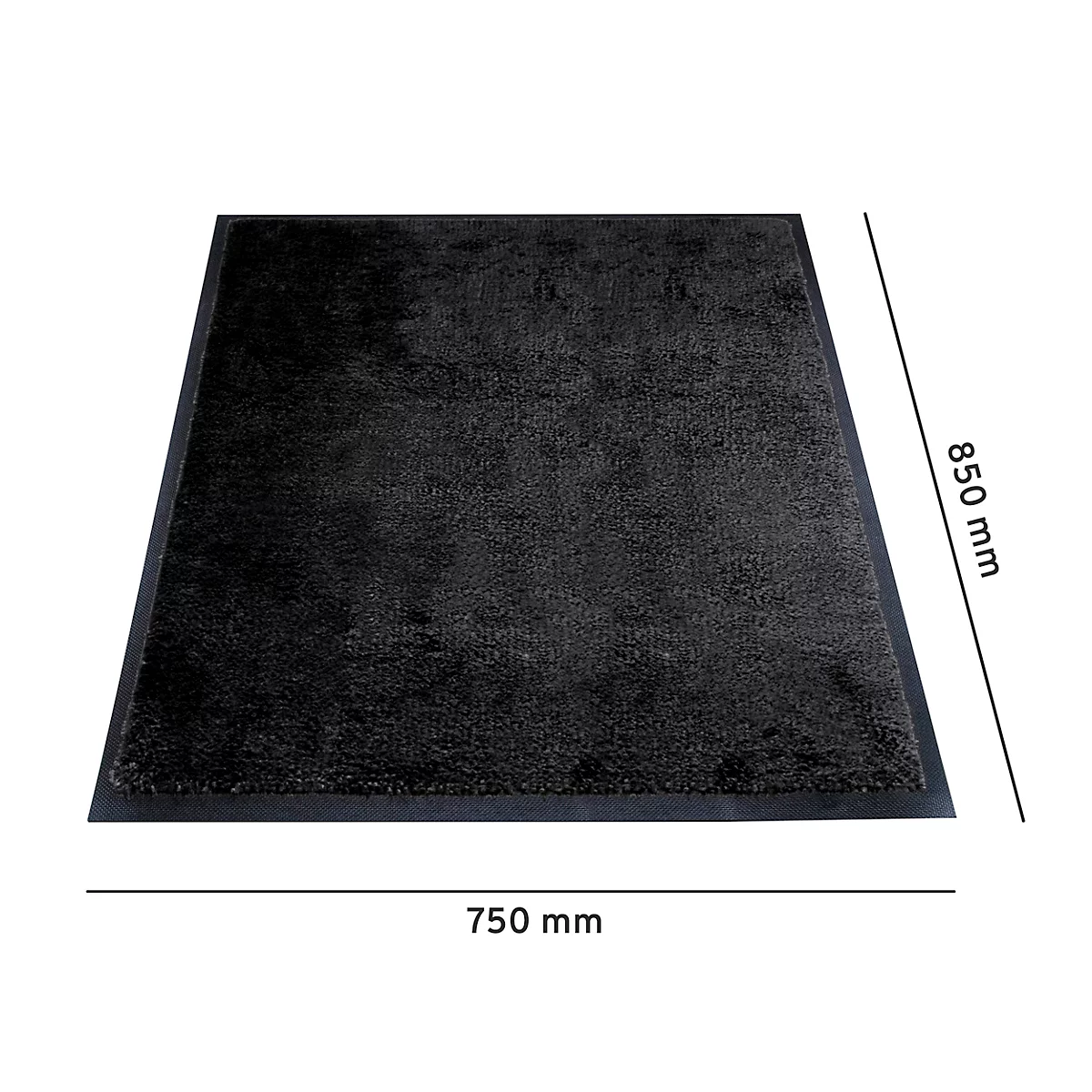 Zwart rechthoekig tapijt, afmetingen 850 x 750 mm. Rubberen rand.