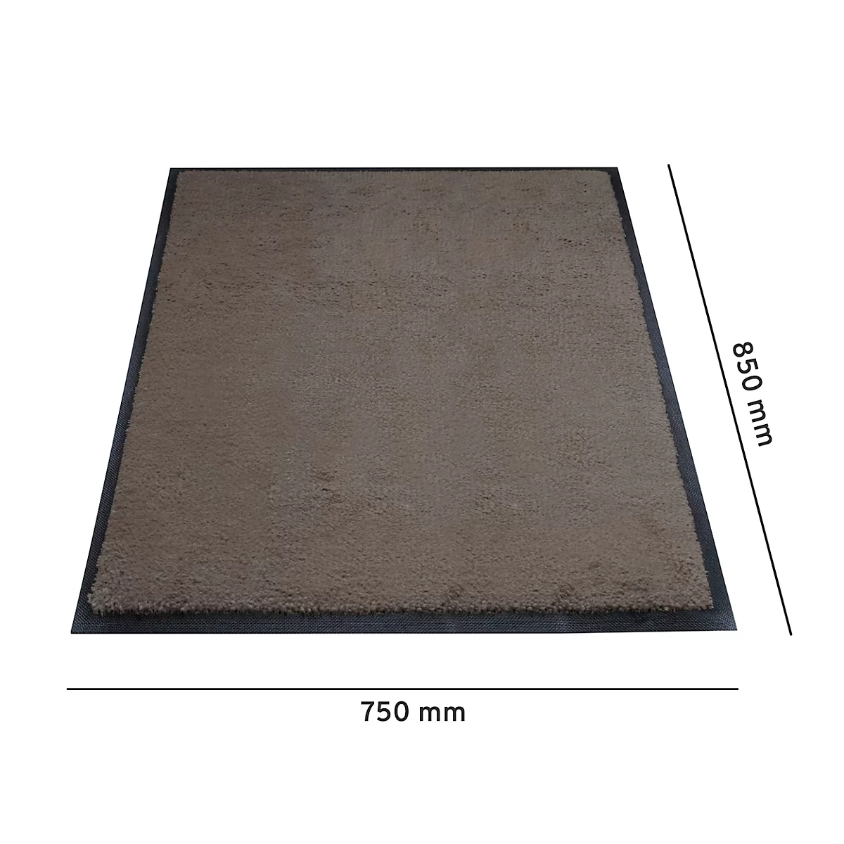 Een rechthoekig, bruin tapijt met een zwarte rand. De afmetingen zijn 750 x 850 mm.