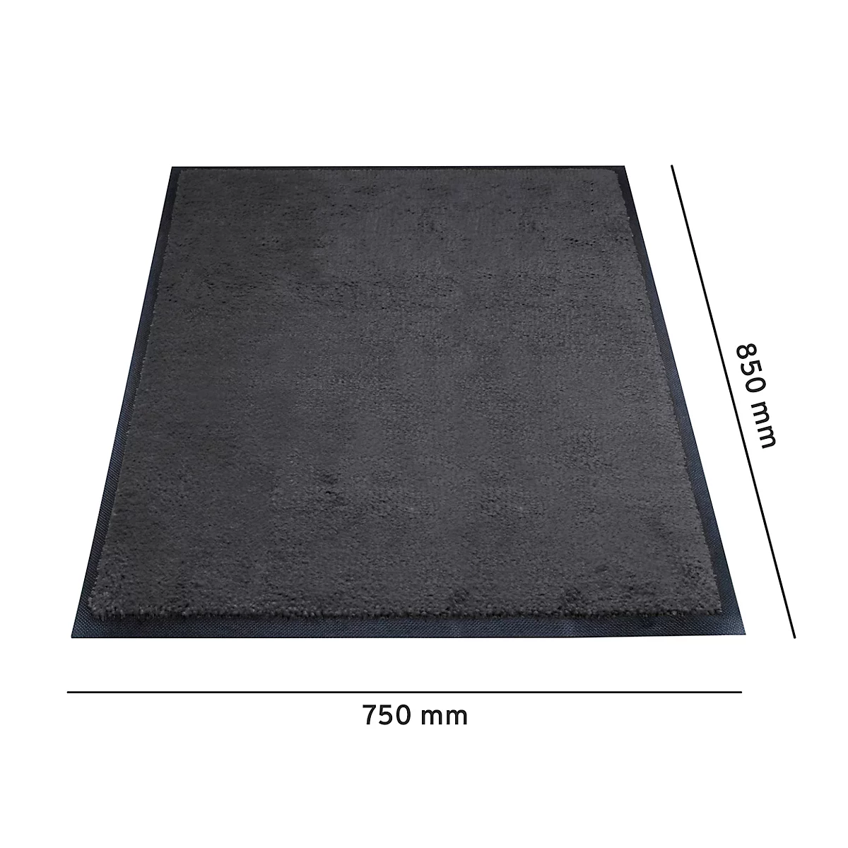 Donkergrijs tapijt met donkerblauwe rand. Afmetingen: 750 x 850 mm.