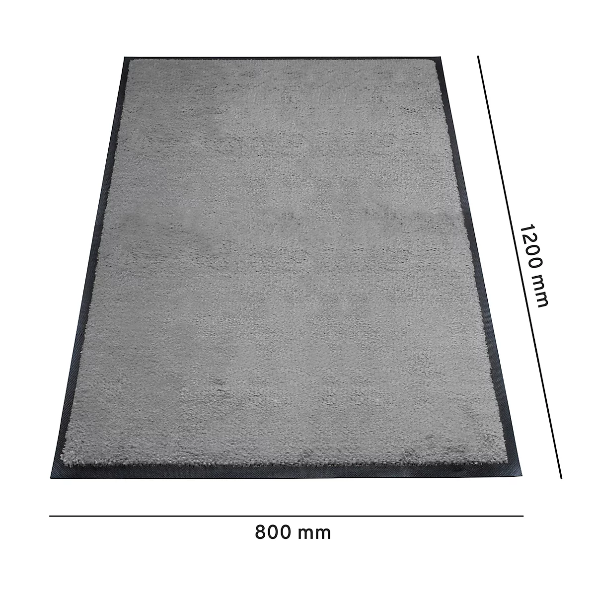 Grijze rechthoekige vloerkleed met zwarte randen. Afmetingen: 800 x 1200 mm.