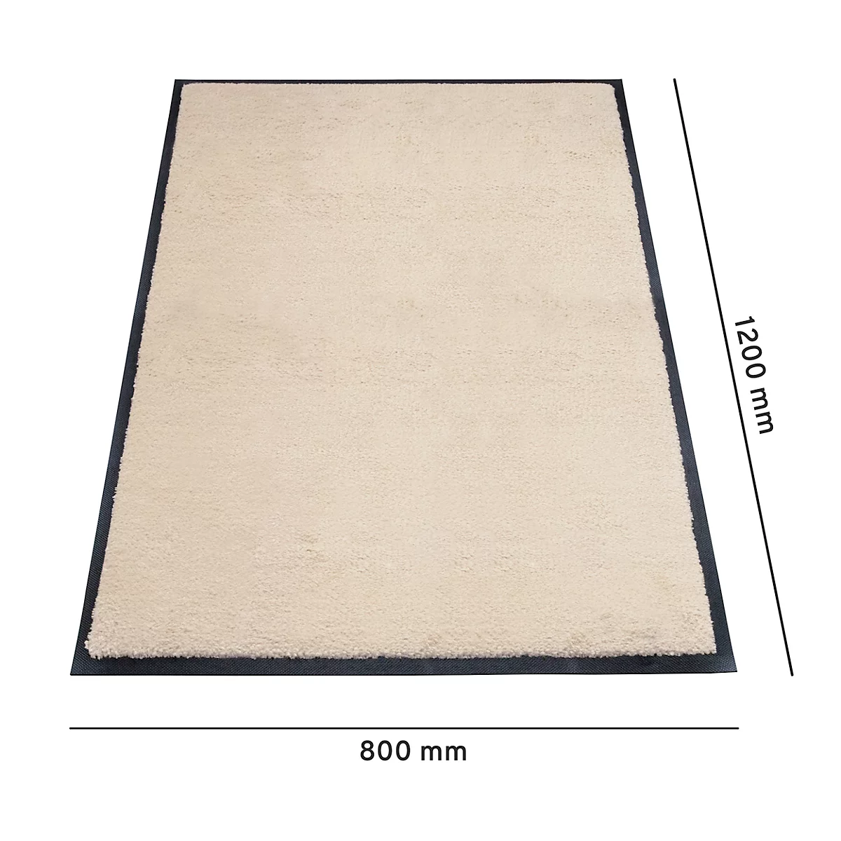 Beige rechthoekig vloerkleed met een zwarte rand. Afmetingen: 1200 x 800 mm.