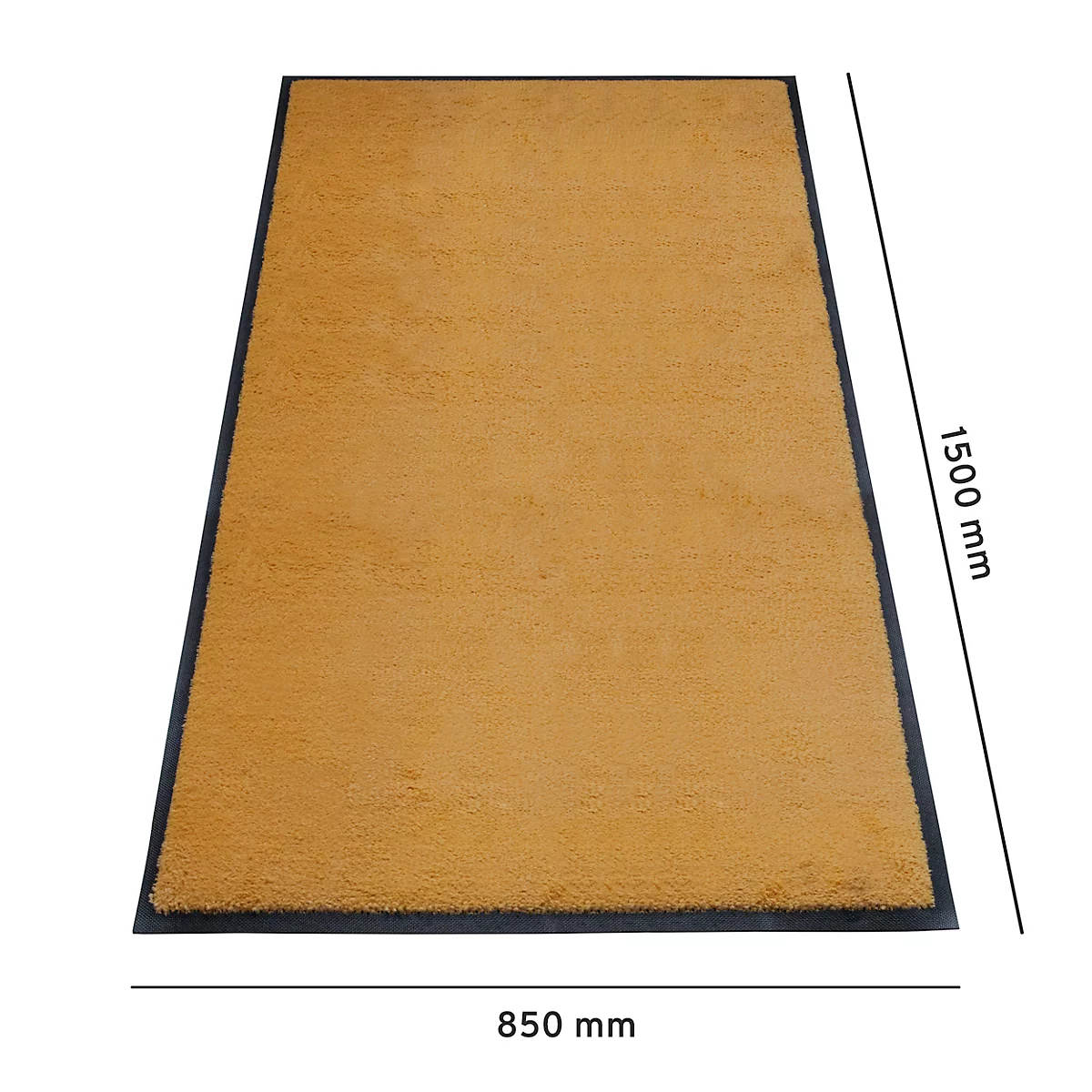 Rechthoekig mosterdkleurig tapijt met een zwarte rand. Afmetingen: 1500 mm x 850 mm.