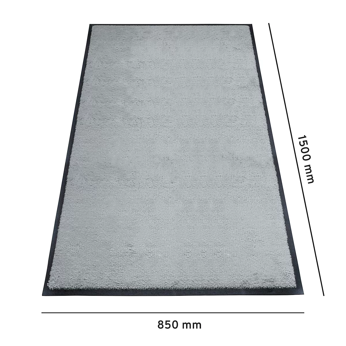 Lichtgrijze vloerkleed met een zwarte rand, afmetingen: 1500 x 850 mm.