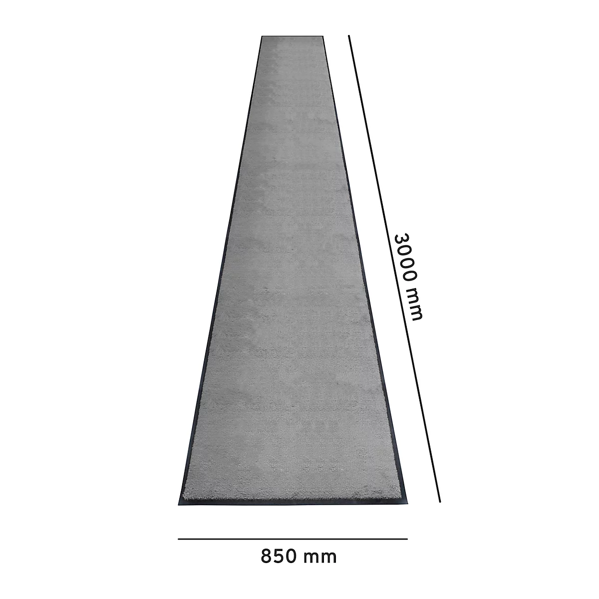 Grijze tapijtloper, bovenaanzicht, afmetingen: 3000 mm x 850 mm.