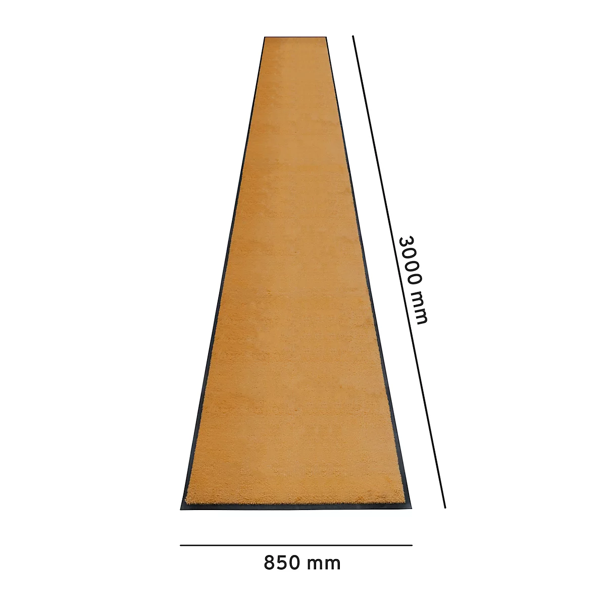 Een rechthoekig tapijt, bruin met een zwarte rand. Afmetingen: 3000 mm x 850 mm.