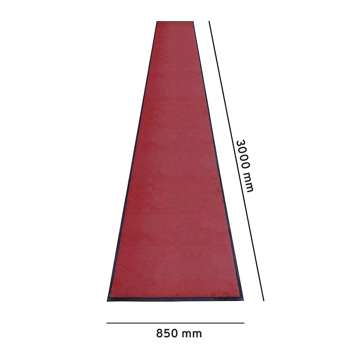Rood tapijt met zwarte randen, 850 mm breed en 3000 mm lang.