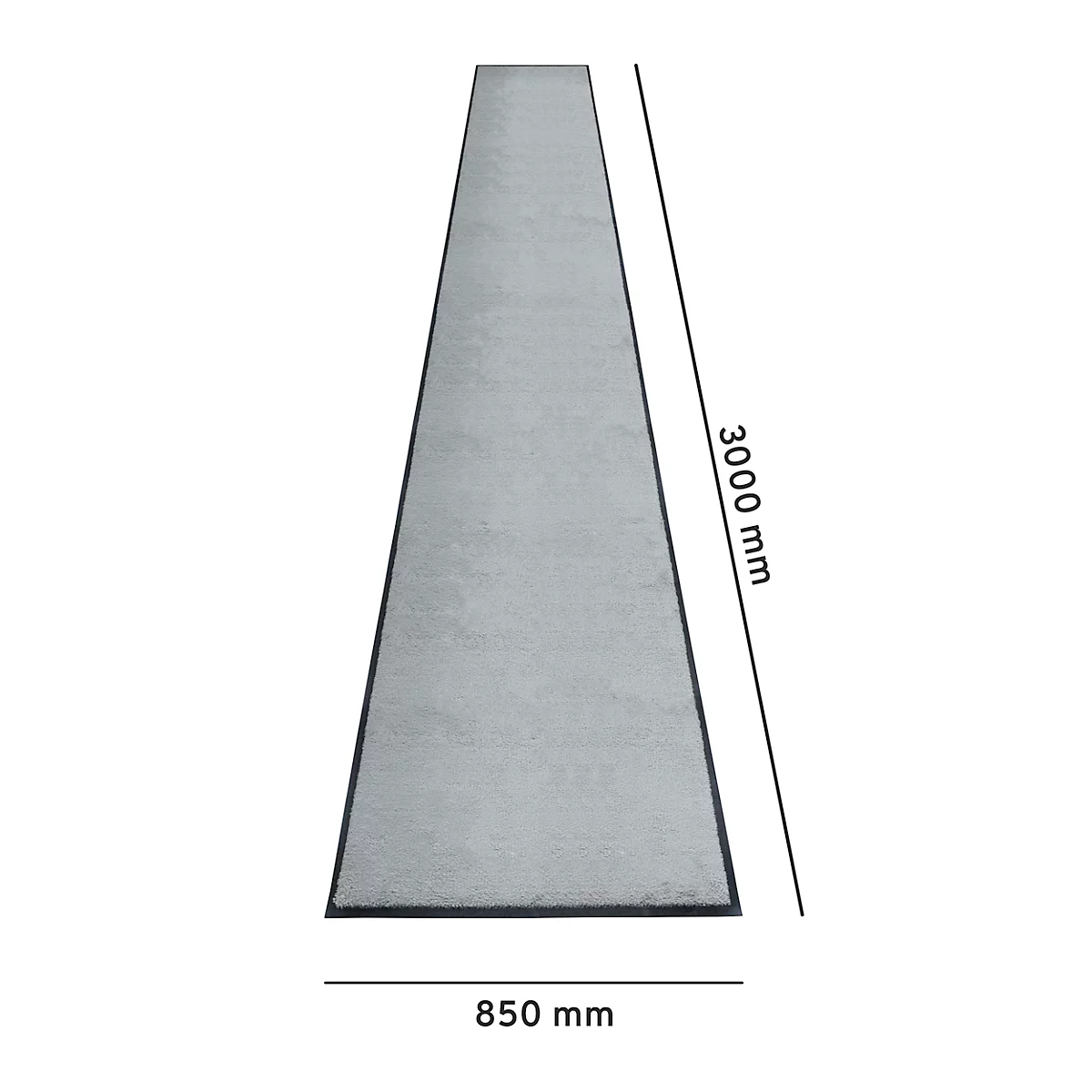 Een grijze vloerkleed met zwarte randen, 300 cm lang en 85 cm breed, op een witte achtergrond.