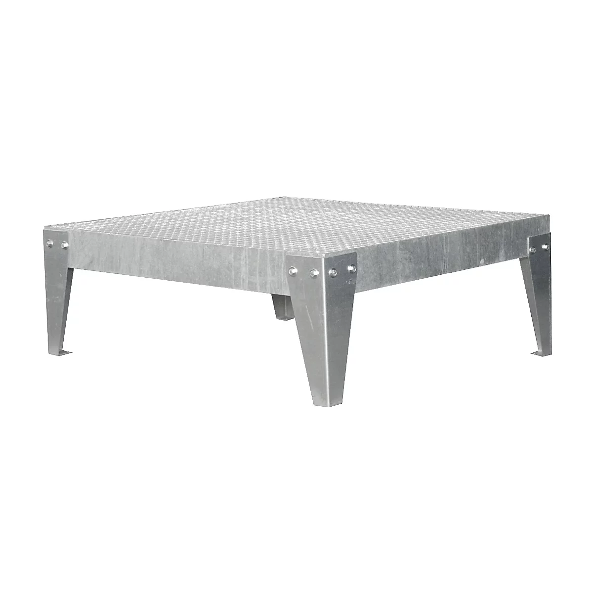 Vierkant, metalen platform met een geperforeerd oppervlak en schuine poten.