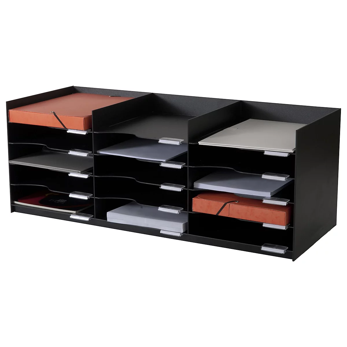 Black paper tray with multiple compartments, filled with papers in different colors.