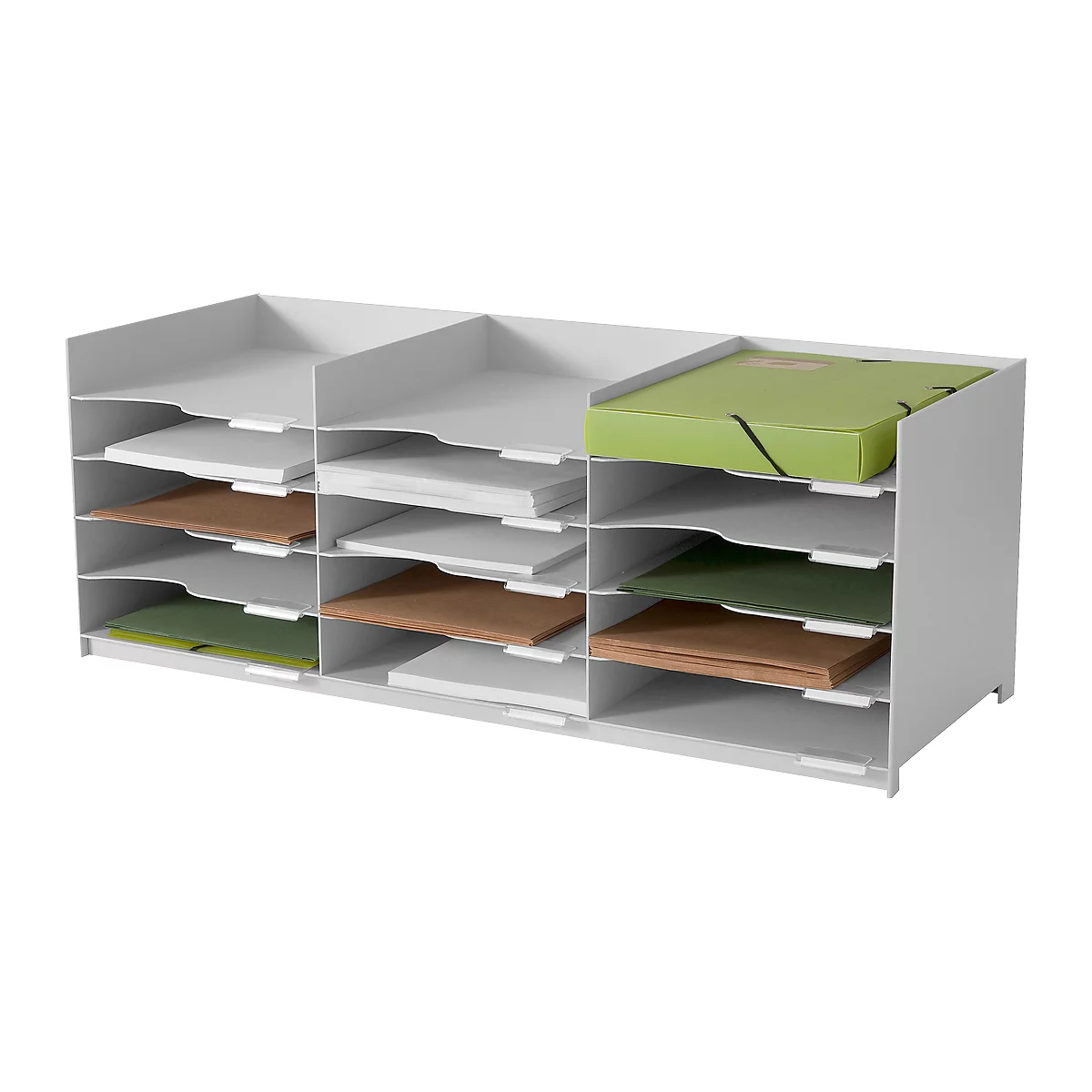Grey, horizontal filing system with multiple compartments, filled with folders and documents.