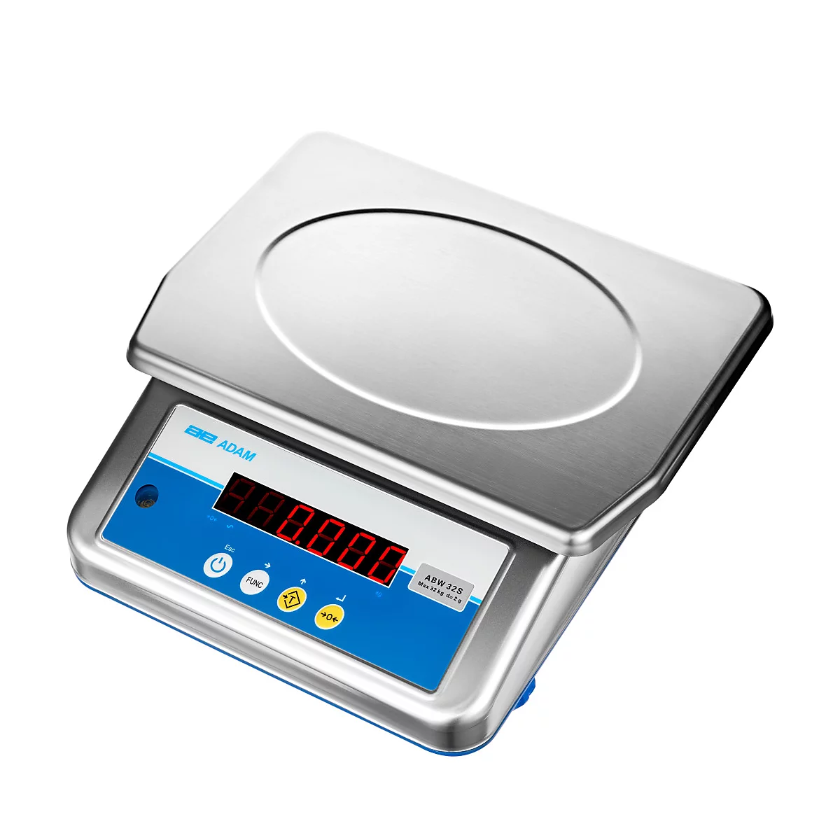 Eine digitale Waage aus Edelstahl mit blauem Bedienfeld und roter Anzeige. Oben befindet sich eine ovale Wiegefläche.