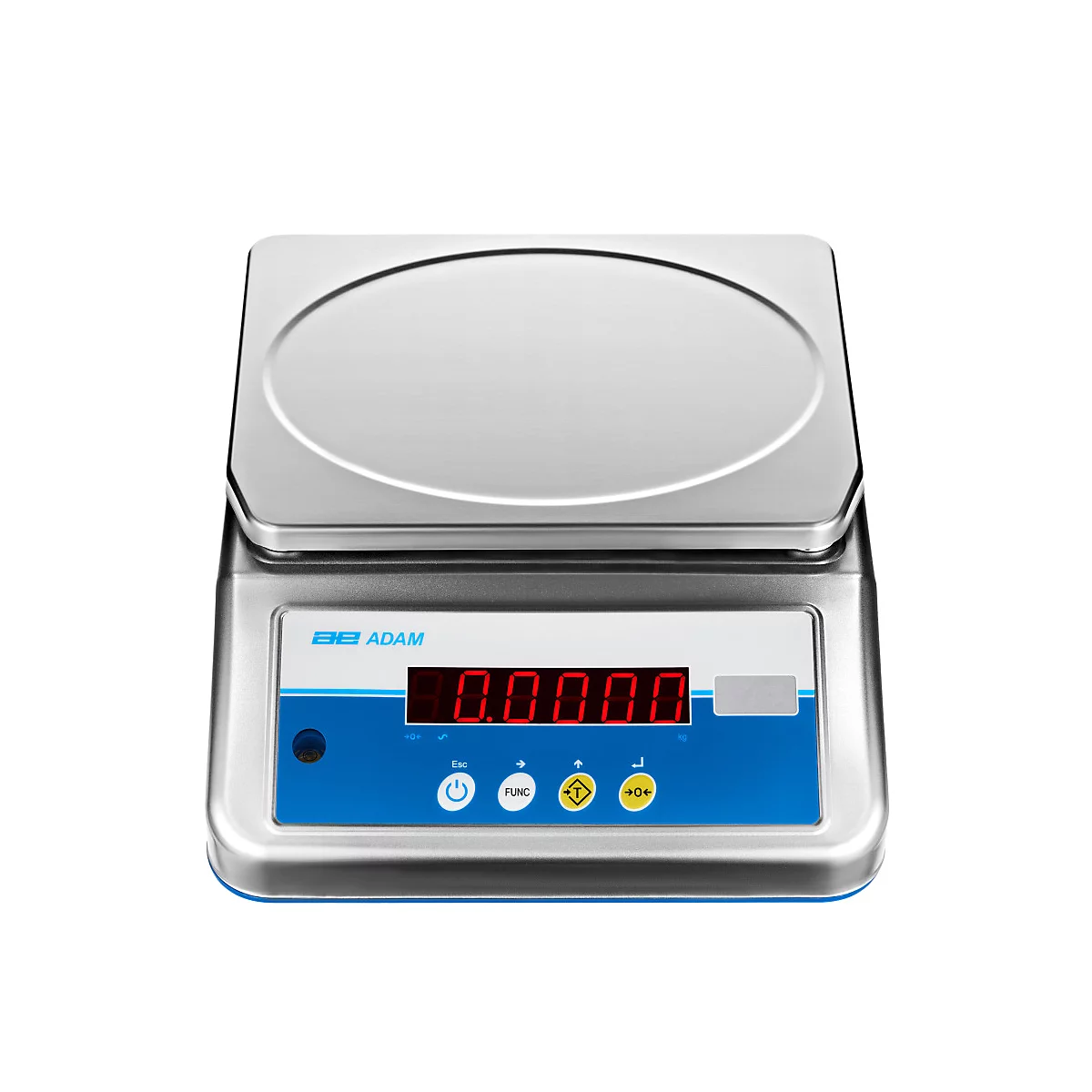 Eine digitale Laborwaage aus Edelstahl mit einem roten Display, das "0.0000" anzeigt.