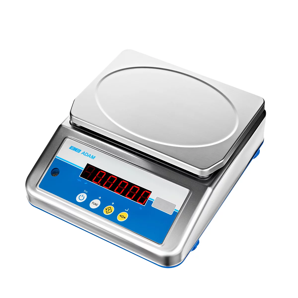 Waage aus Metall mit blauem Bedienfeld und roter Digitalanzeige.