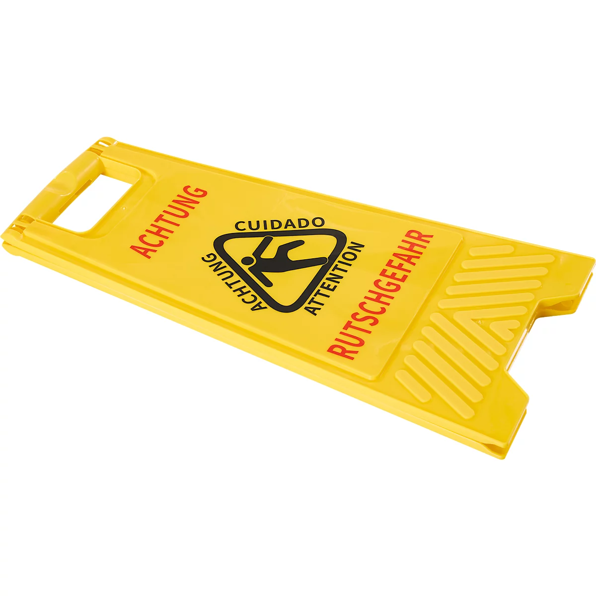 Geel waarschuwingsbord met tekst: Pas op, gladde vloer. Op het bord een persoon die uitglijdt.