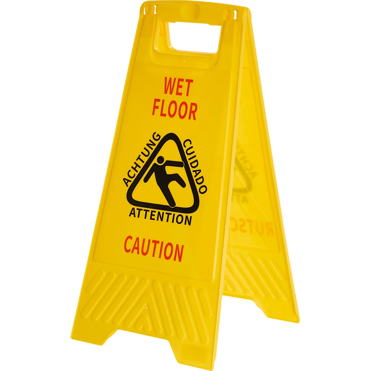 Geel waarschuwingsbord voor natte vloer met pictogram van een vallende persoon en de teksten: "WET FLOOR", "ACHTUNG", "ATTENTION", "CAUTION".