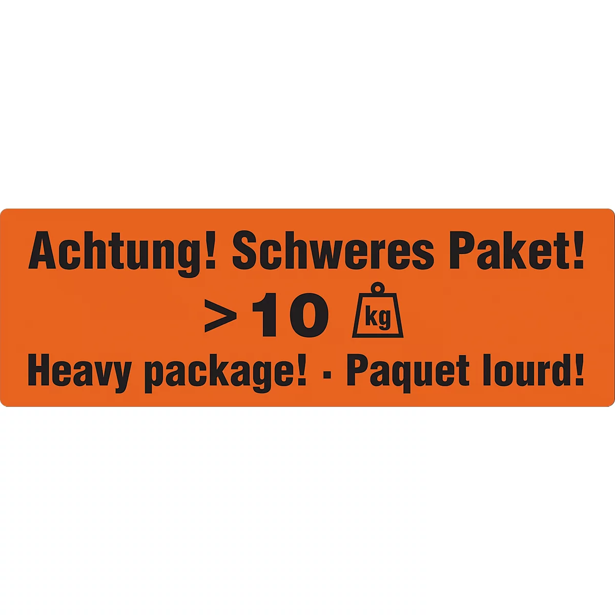 Waarschuwingsetiketten 'Attentie! Zwaar pakket &gt;10 KG', 3 talen, 149 x 48 mm, geperforeerd, zelfklevend papier, fluorescerend rood met zwarte opdruk, 1 rol met 500 stuks