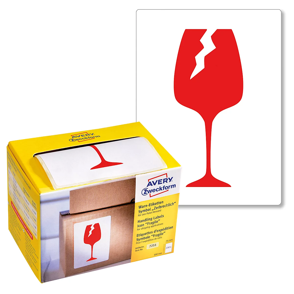 Waarschuwingssticker Avery Zweckform 'Breekbaar', hoog draagvermogen, 200 stuks, rechthoekig