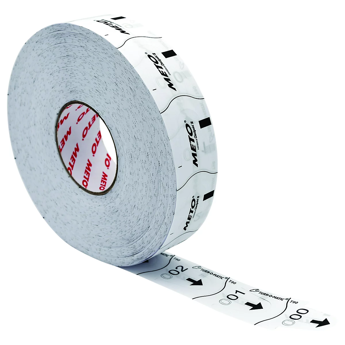 Rol witte etikettetape met zwarte letters en pijlen. Op de tape staat "METO" en nummers.