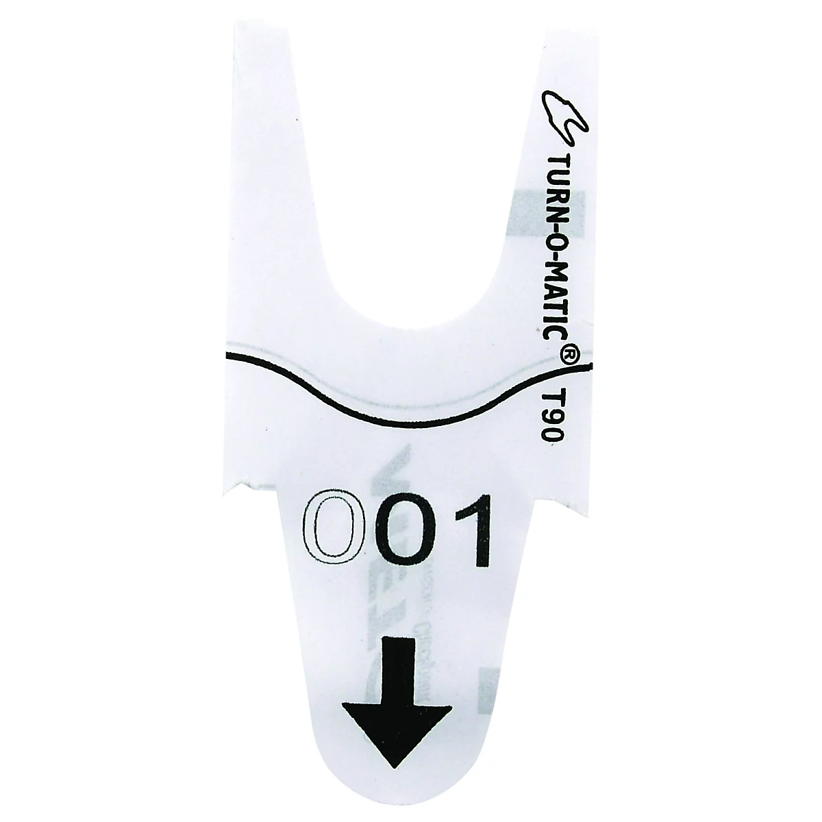 Een wit 'TURN-O-MATIC' ticket met nummer 001 en een zwarte pijl.