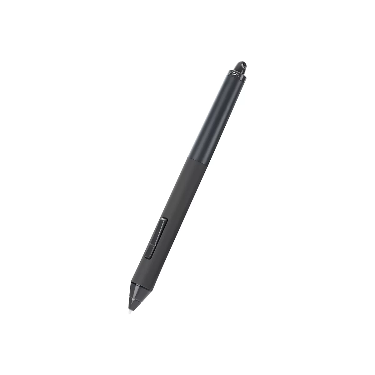 Ein schwarzer Wacom Stift vor weißem Hintergrund. Der Stift ist abgewinkelt dargestellt.