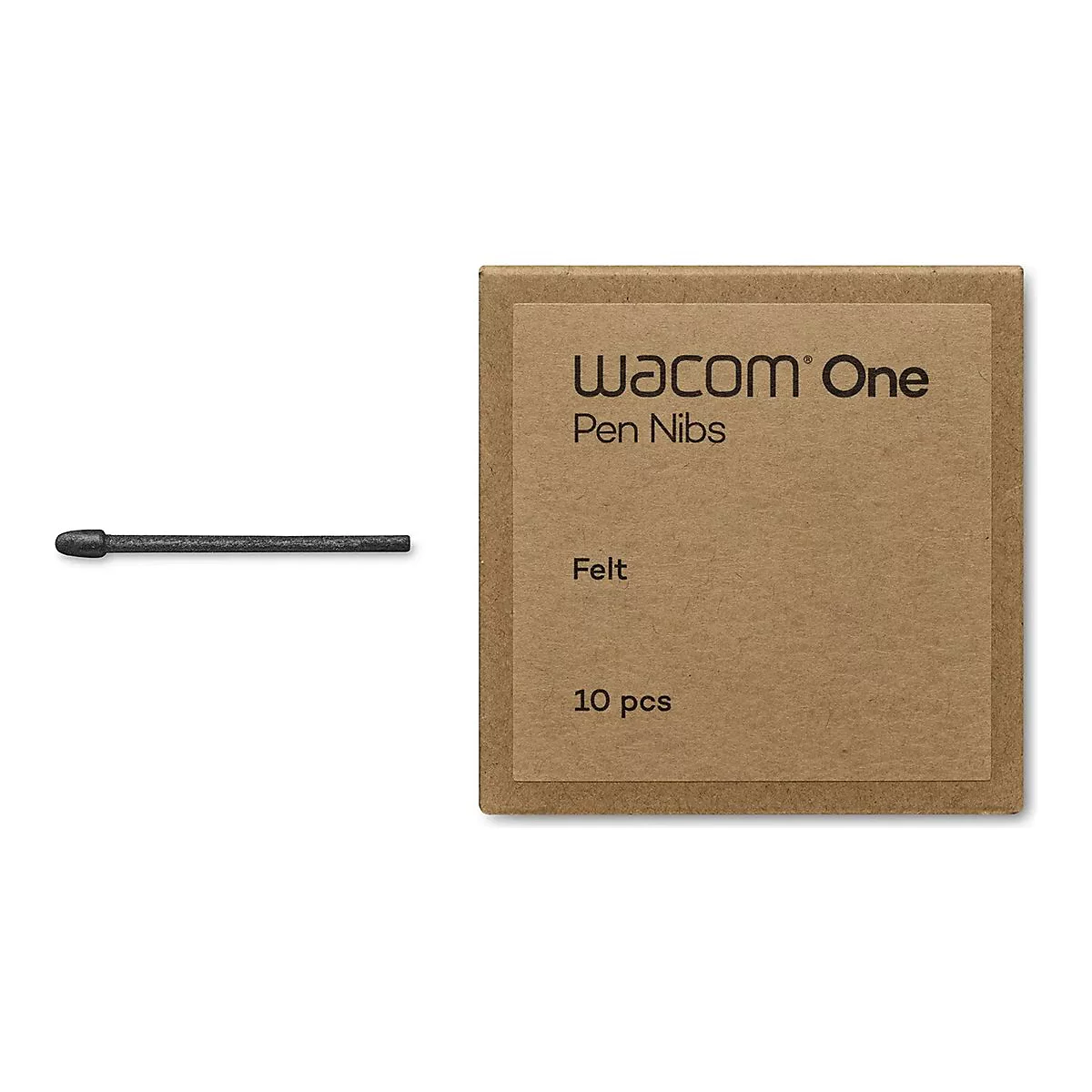 Schwarze Stiftspitze neben brauner Verpackung. Verpackung mit "WACOM One Pen Nibs", "Felt" und "10 pcs" beschriftet.