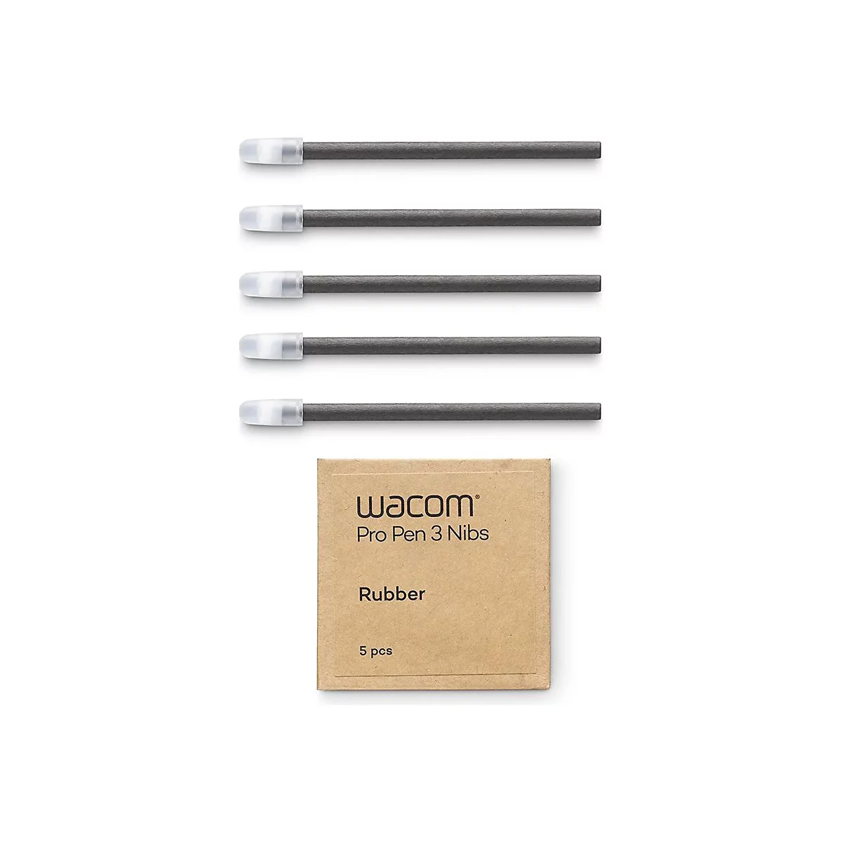 Fünf Stifte, mit weißen Schutzkappen, liegen neben einer braunen Kartonverpackung mit der Aufschrift "Wacom Pro Pen 3 Nibs, Rubber, 5 pcs".