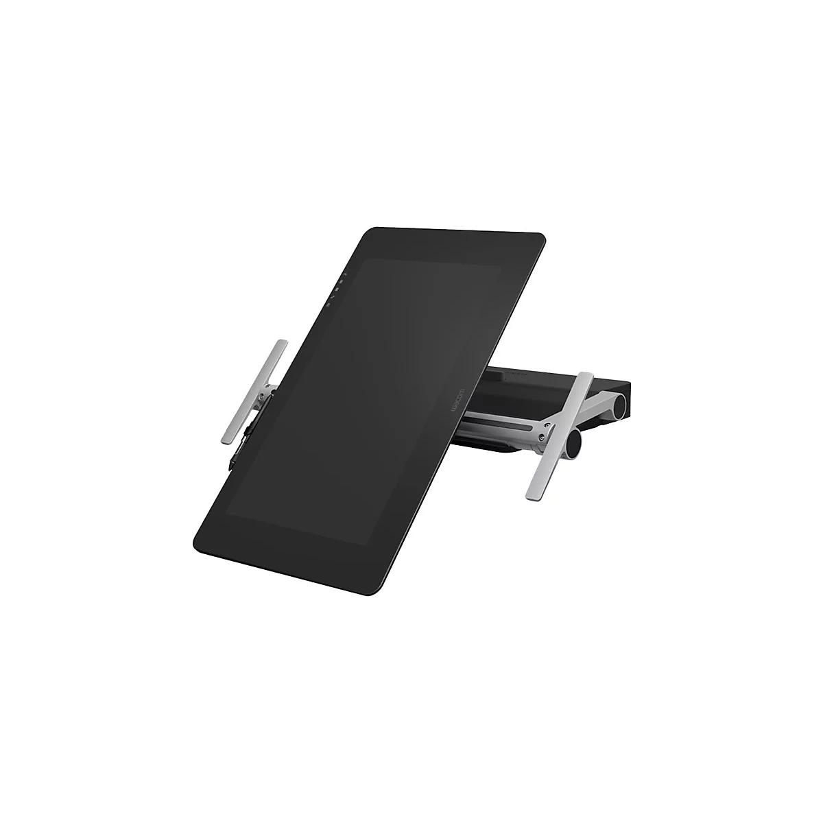 Schwarzes Grafiktablett von Wacom, leicht angewinkelt auf einem Ständer. Der Stift ist am Tablett befestigt.