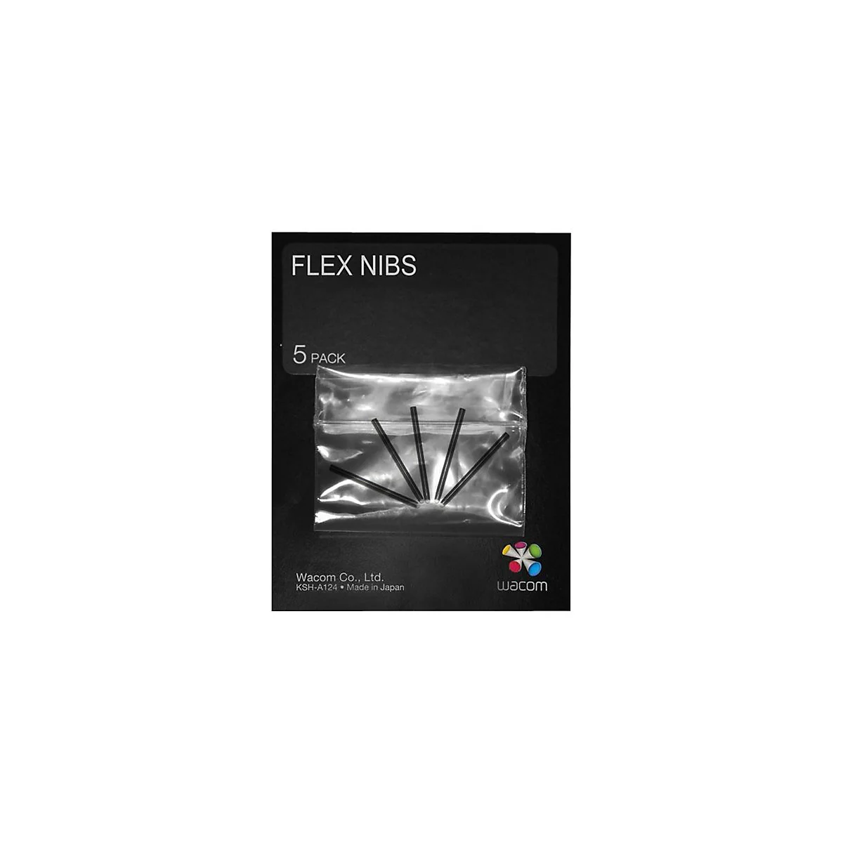Verpackung mit fünf schwarzen Flex Nibs für Grafiktabletts, Produktname und Herstellerlogo sind sichtbar.