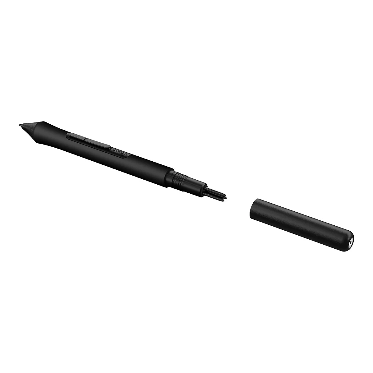 Ein schwarzer Wacom-Stift, dessen Spitze und Verschlusskappe vom Stiftgehäuse getrennt sind.