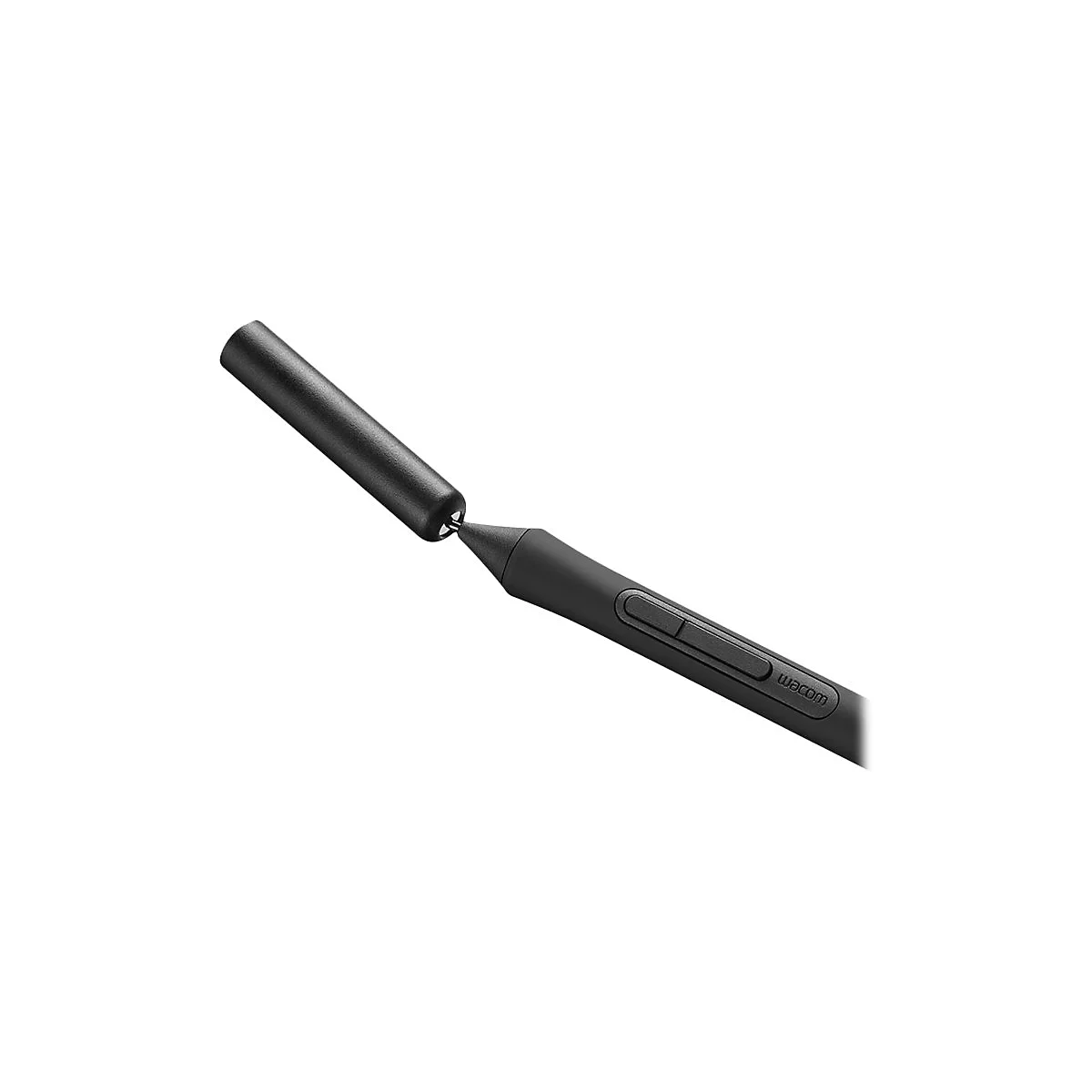Schwarzer Wacom-Stift, abgewinkelt dargestellt. Am Stift befindet sich ein Knopf und der Schriftzug "Wacom".