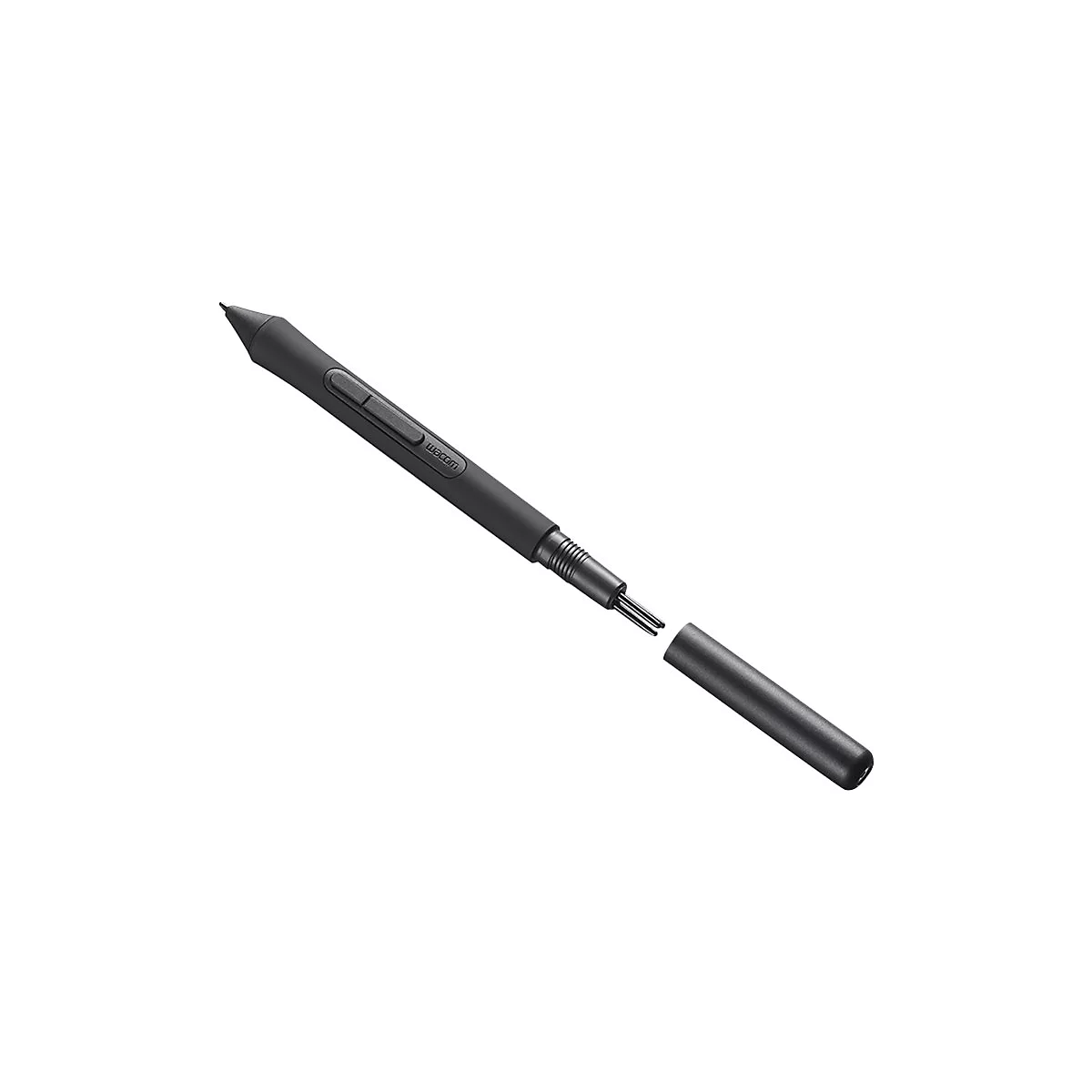 Ein schwarzer Wacom-Stift, der in Einzelteile zerlegt ist, mit abnehmbarer Spitze und Stiftkappe.