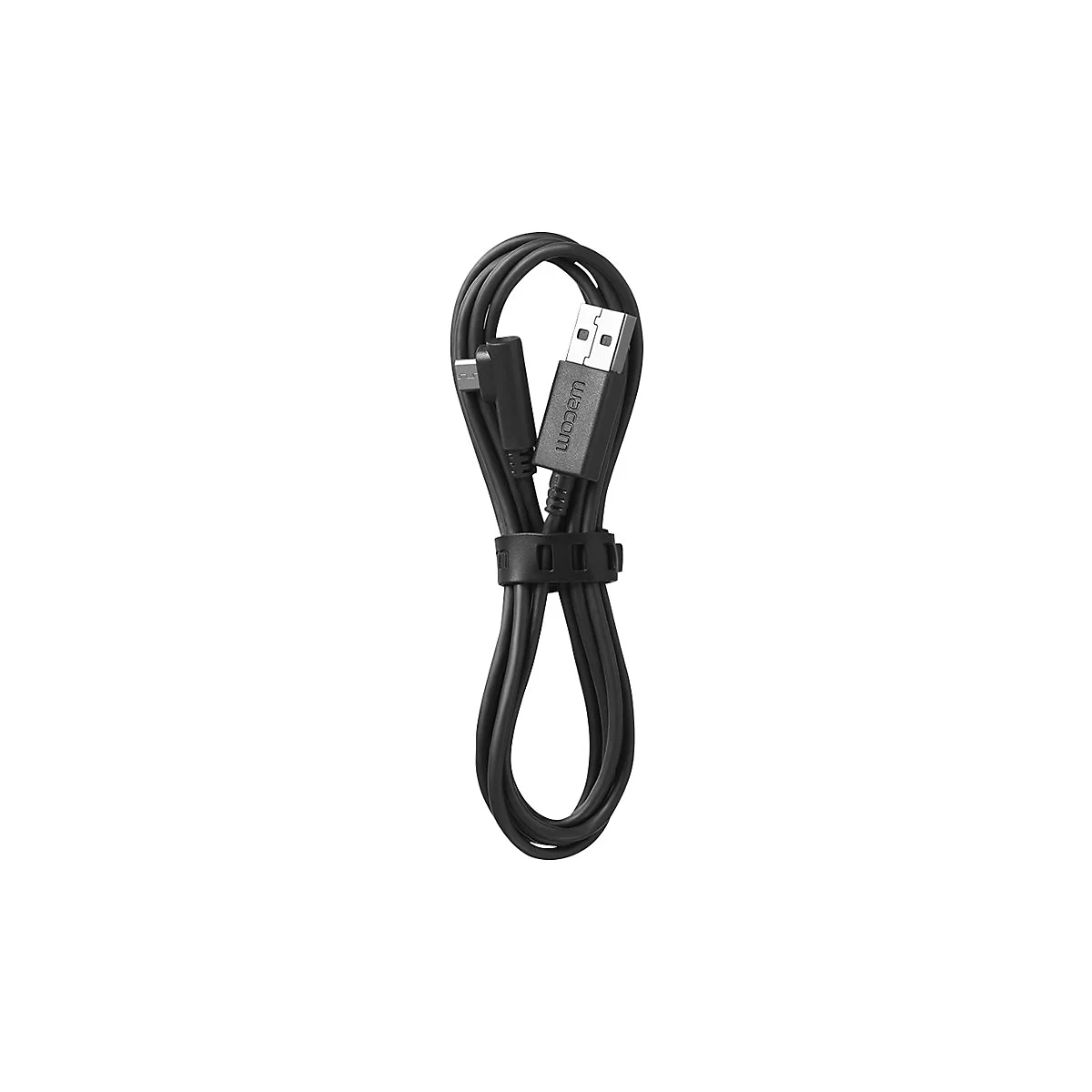 Schwarzes Wacom USB-Kabel mit USB- und USB-C-Anschlüssen. Kabel mit Kabelbinder fixiert.