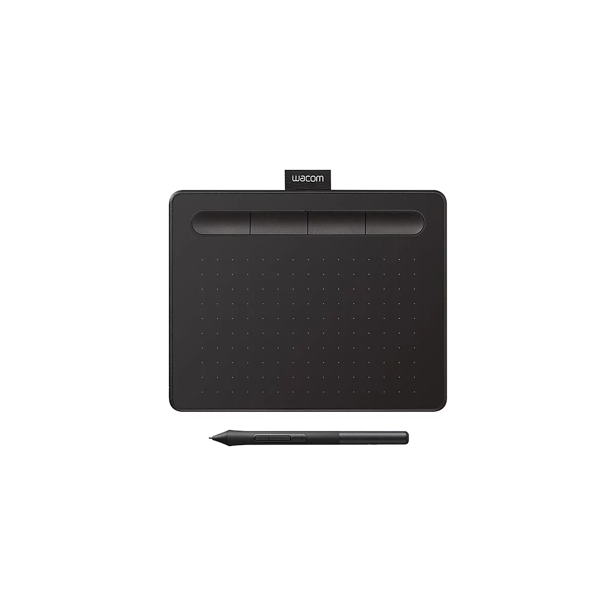 Schwarzes Grafiktablett mit Stift. Oben das Logo "wacom", darunter vier Funktionstasten. Stift unten.