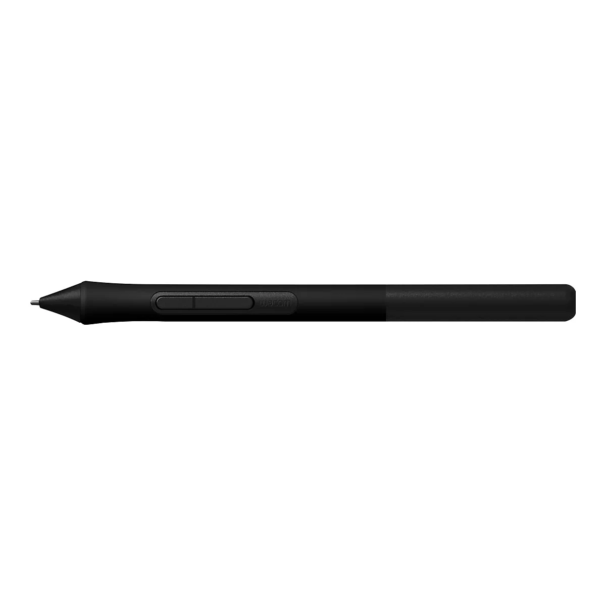 Schwarzer Stift mit spitzer Spitze und zwei Knöpfen. Aufschrift: wacom.